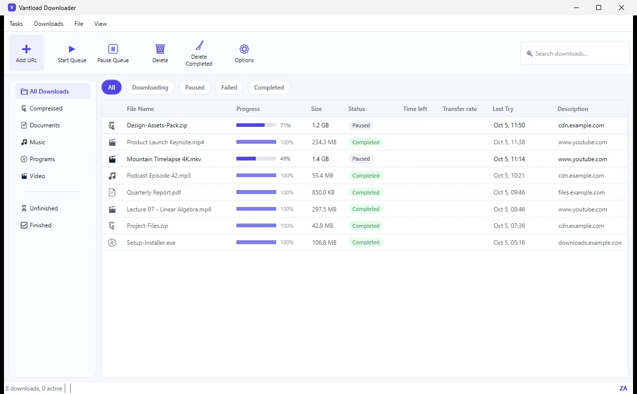 Vantload Downloader in its light theme, with categories and filters on the left.