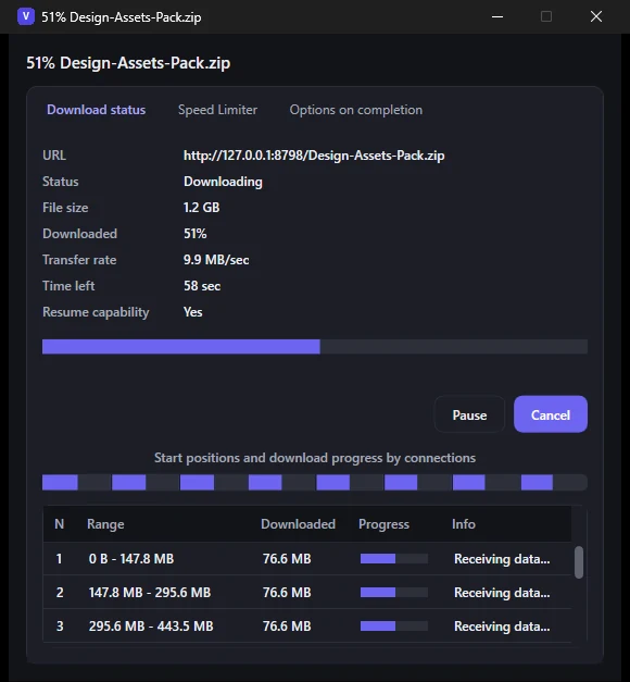 The Vantload download status window: eight connections, each with its own byte range and progress bar.